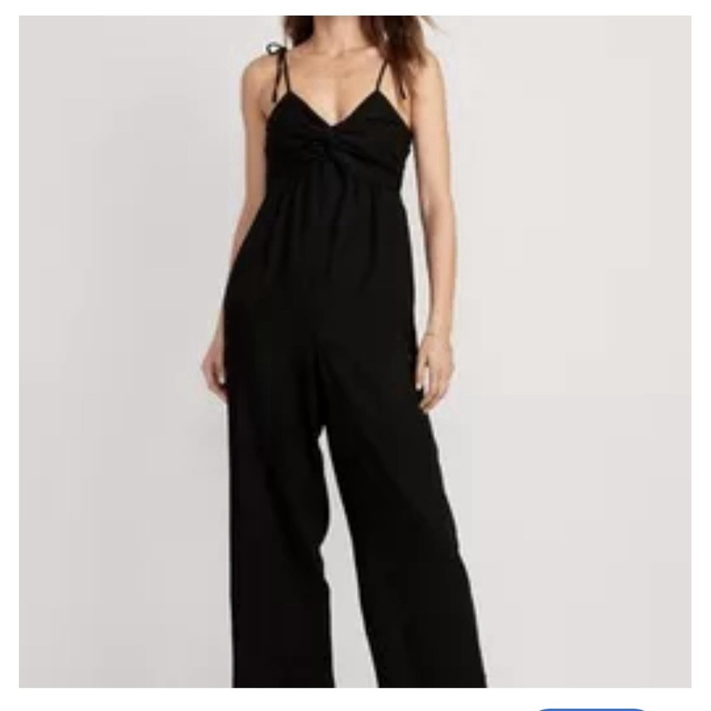 Old Navy Tie-Shoulder Cropped Twist-Front Smocked Black Linen Blend Jumpsuit XL‎